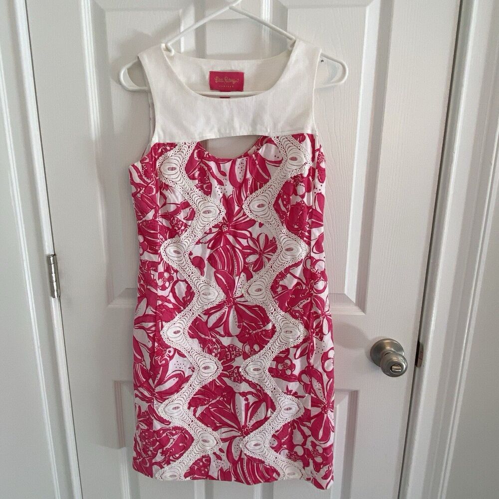 LILLY PULITZER JUBILEE Dress Womens Size 4 WHITE Pink CORONADO CRAB SHIFT